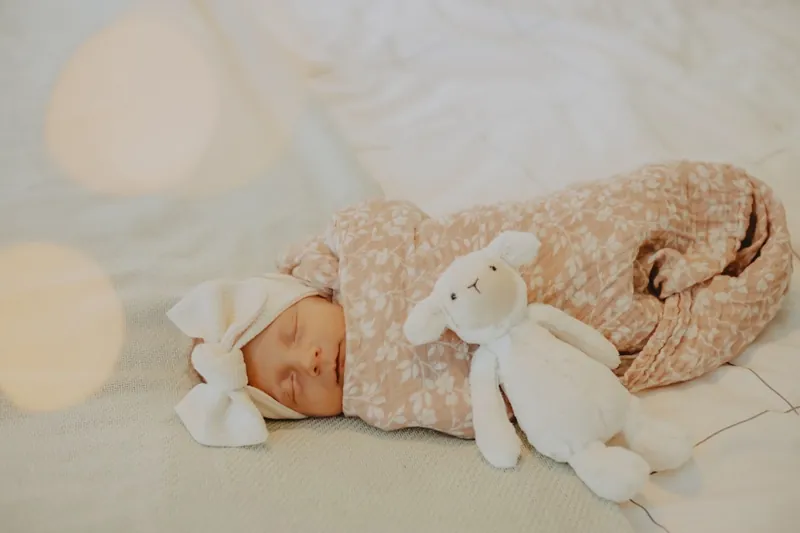 A swaddled newborn resting beside a toy lamb